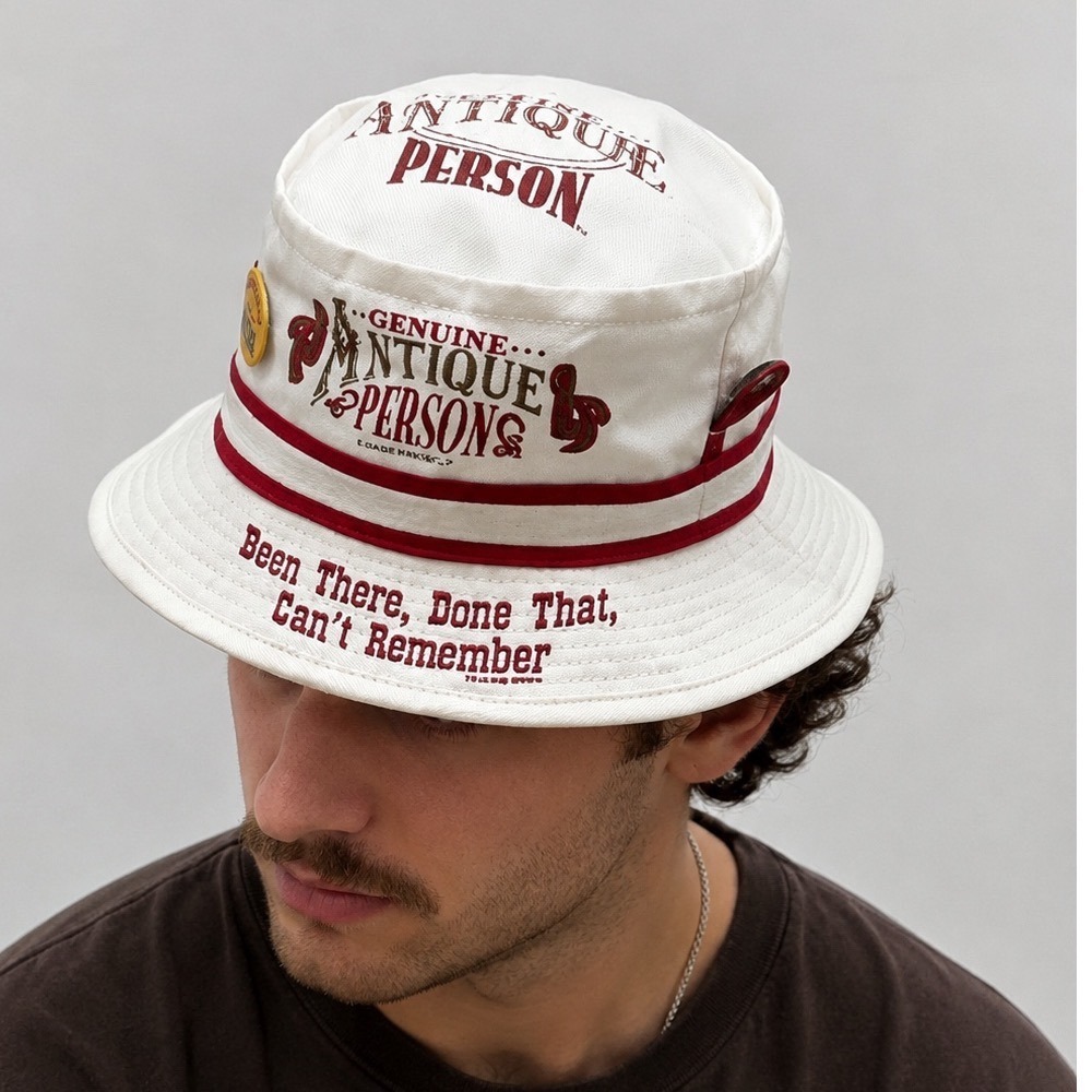 Laid Back Bucket Hat Mens XL White Good Antique Person Novelty Graphic Pins 60cm